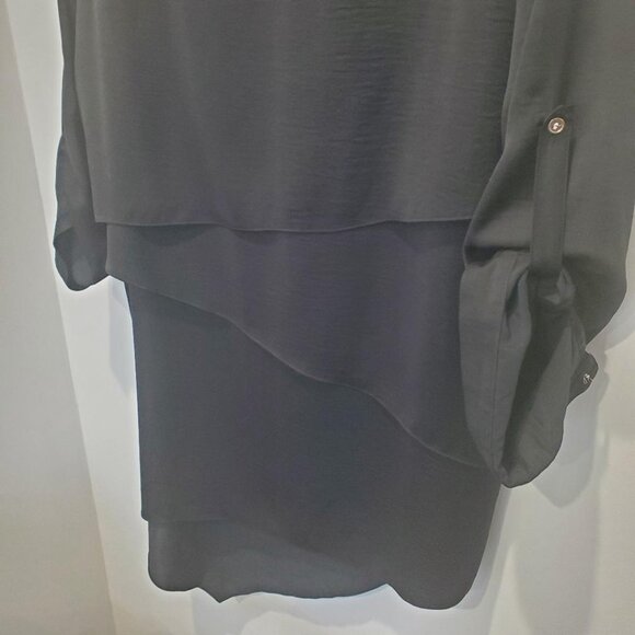 Chico's Black Label Asymmetrical Black Tiered Tunic Top with Roll Up Sleeves  2 - Picture 6 of 9